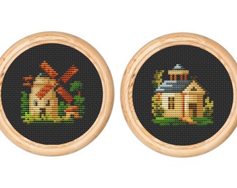 Set van 2 vintage kruissteekpatronen, Victoriaans, antiek kruissteekontwerp, minihuis, molen, x-steekpatroon, pdf-bestand direct downloaden