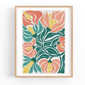 Puede incluir: Patrón de punto de cruz con un diseño floral con flores rosas y amarillas y hojas verdes.