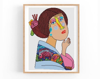 Cubist Geisha Portrait Cross Stitch Pattern, Colorful Kimono Koi Fish Chart, Japanese Art Style, Large Wall Decor, Instant Download PDF