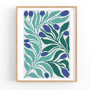 May include: A cross-stitch pattern featuring a stylized floral design with blue and green leaves and blue flowers.