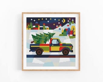 Christmas Truck Cross Stitch Pattern, Winter Village Chart, Patchwork Pickup Design Embroidery, Abstract design, Instant Download PDF