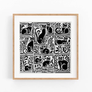 May include: Black and white illustration of a repeating pattern of cats in various poses. The cats are stylized and have a geometric look. The background is a white, patterned design.