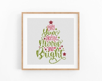 Merry and Bright Christmas Tree Cross Stitch Pattern, Holiday Quote Lettering Chart, Wall Decor, Beginner Friendly, Instant Download PDF