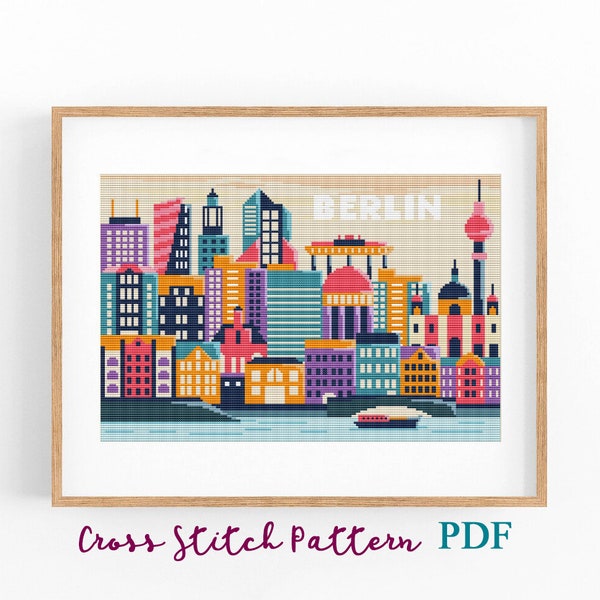 Berlin Cross Stitch Pattern. Modern Travel Poster. Counted Cross Stitch Chart. Concept Cityscape. PDF Instant Download. Point de croix.