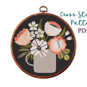 Bloemen kruissteekpatroon. Borduurpatroon met bloemengeteld. Natuur hoepel kunst borduurwerk. Grappige x-steek. Direct downloaden PDF-PDF