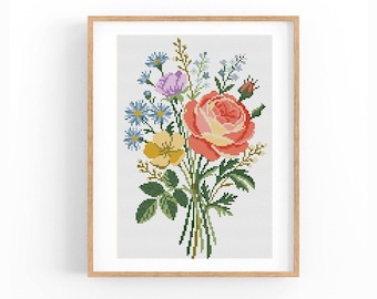 Rose and Wildflower Bouquet Cross Stitch Pattern, Vintage Botanical Chart, Instant Download PDF