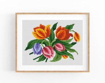 Vintage Flowers Cross Stitch Pattern, Antique Cross Stitch Design, Berlin Woolwork, Floral Bouquet, Modern Embroidery Flowers, PDF chart