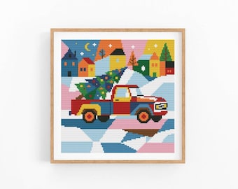 Christmas Truck Cross Stitch Pattern, Winter Village Chart, Red Pickup Holiday Embroidery, Abstract design, Instant Download PDF