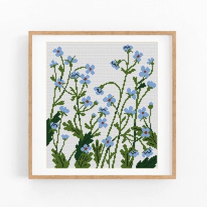 Modern kruissteekpatroon Vergeet-mij-niet-wilde bloemen Getelde kruissteekkaart. Borduurwerk in de natuur. Eenvoudige x-stitch. Pdf direct downloaden