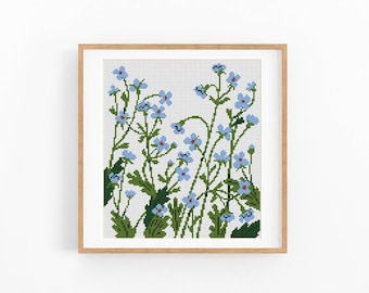 Modern Cross Stitch Pattern Forget-me-not Wild flowers Counted cross stitch chart. Nature  embroidery. Easy xstitch. Instant download PDF