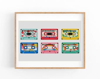 Set of six Retro Vintage tape Cassettes Cross Stitch Pattern, Artwork, Modern x-stitch pattern, Cross Stitch Chart, Instant Download PDF