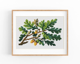 Vintage Cross Stitch Pattern, Oak, Antique Cross Stitch Design, Plant, Nature x-stitch pattern, Embroidery Acorn, instant download PDF