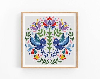 Cross stitch pattern. Scandinavian Folk Flowers, Bird Counted cross stitch chart. Nature embroidery.Cushion x-stitch.Instant download PDF.
