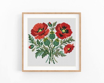 Poppy Flower Bouquet Cross Stitch Pattern, Red Poppies Wall Art, Instant Download PDF