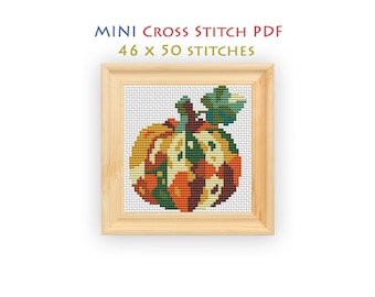 Patchwork Pumpkin Cross Stitch Pattern, Mini Harvest Chart for Beginners, Green Accent Embroidery PDF, Instant Download