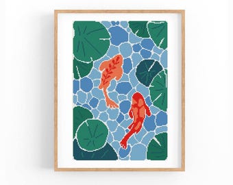 Koi Fish Cross Stitch Pattern, Modern Abstract x-stitch design, X-Stitch Chart, Water Pattern, Instant Download PDF