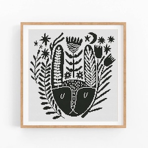 Volkskunst kruissteekpatroon modern dier abstract, x-steekpatroon, kruissteektabel, zwart-wit natuurpatroon, instant download pdf