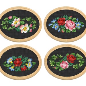 Set van 4 vintage kruissteekpatroon, Victoriaanse bloemroos, antiek kruissteekontwerp, mini x-steekpatroon, pdf-bestand direct downloaden