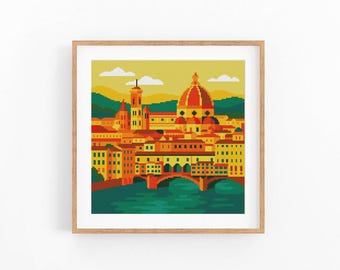 Florence Italy Cross Stitch Pattern, Sunset Cityscape Embroidery PDF, River Bridge Landscape, Tuscany Travel Gift
