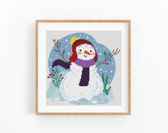 Christmas Cross Stitch Pattern PDF, Winter Snowman, Modern xstitch chart, Instant download PDF