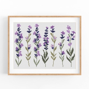 Lavendelbloemen. Modern kruissteekpatroon. Getelde kruissteekkaart. Natuurkunst handborduurwerk. Kleine steek. Pdf direct downloaden