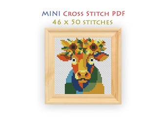 Abstract Cow Cross Stitch Pattern, Sunflower Wreath Chart for Beginners, Instant Download PDF