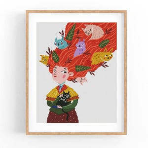 Meisje en katten. Modern kruissteekpatroon. Kat getelde kruissteekkaart. Voor kinderen kruissteek. Kitten Art Xstitch. Pdf direct downloaden
