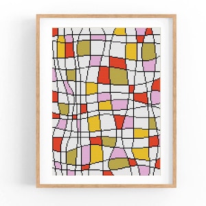 May include: Abstract geometric art print with a white background and a grid of overlapping shapes in red, yellow, pink, and gold.