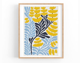Abstract Modern Floral Cross Stitch Pattern, Yellow Flowers Blue Leaves, DMC Colors, Instant Download, Digital File