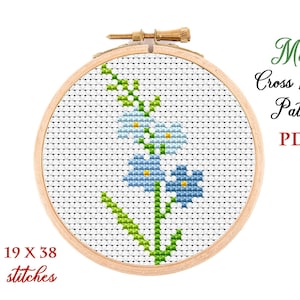 Mini-kruissteekpatroon. Vergeet-mij-nietje. Getelde kruissteekkaart. Borduurring met bloemen. Kleine steek voor beginners. Pdf direct downloaden