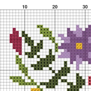 May include: Cross stitch pattern featuring a purple flower with yellow centers, surrounded by green leaves and red flowers. The pattern is on a white grid background.