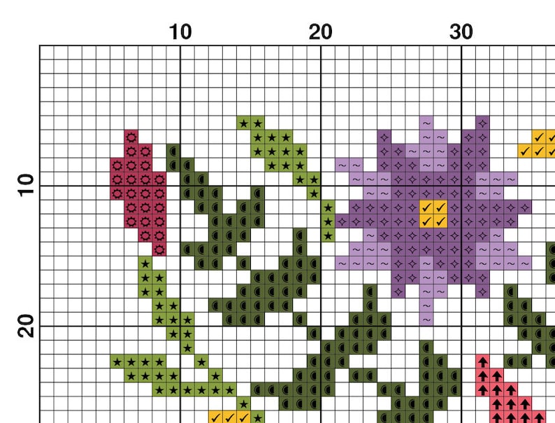 May include: Cross stitch pattern featuring a purple flower with yellow centers, surrounded by green leaves and red flowers. The pattern is on a white grid background.