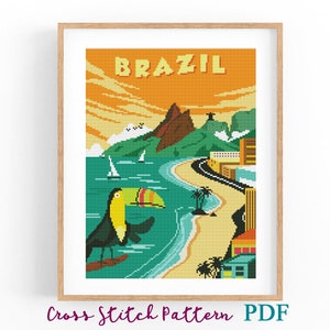 Patrón de punto de cruz de Brasil. Cartel de viaje antiguo. Gráfico de punto de cruz contado. Paisaje. Naturaleza. Descarga instantánea de PDF. Punto de cruz.