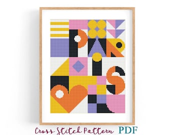 Cross Stitch Pattern Paris Geometric Abstract Text, Modern x-stitch Pattern, Cross Stitch Chart, Colorful Pattern, Instant Download PDF