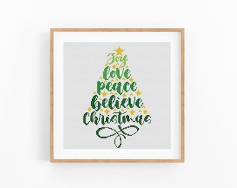 Joy Love Peace Believe Christmas Tree Cross Stitch Pattern, Green and Gold Holiday Word Art Chart, Beginner Friendly, Instant Download PDF