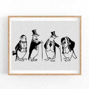 Może przedstawiać: Czarno-biała ilustracja czterech pingwinów w cylindrach i formalnych strojach. Pingwiny stoją w rzędzie, a ten po lewej trzyma laskę.