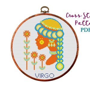 Cross Stitch Pattern. Virgo. Zodiac sign. Modern Counted cross stitch chart. Hoop art embroidery. Astrology birth sign. Instant download PDF