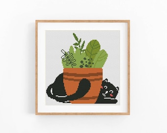 Cross stitch pattern Black cat plant. Funny Cat Flowerpot Cross Stitch, Cute Cat embroidery,  Kitten xstitch design, Instant Download PDF