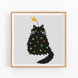 クロスステッチ パターン 黒猫。クリスマス モダン アニマル クロスステッチ PDF。手刺繍。猫好きへのギフト。クロスステッチ チャートを数えます。
