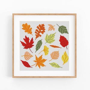 Puede incluir: Un patrón de punto de cruz cuadrado enmarcado que presenta una colección de varias hojas de otoño en tonos rojo, naranja, amarillo, verde y marrón claro, dispuestas sobre un fondo de cuadrícula blanco en un marco de madera clara.