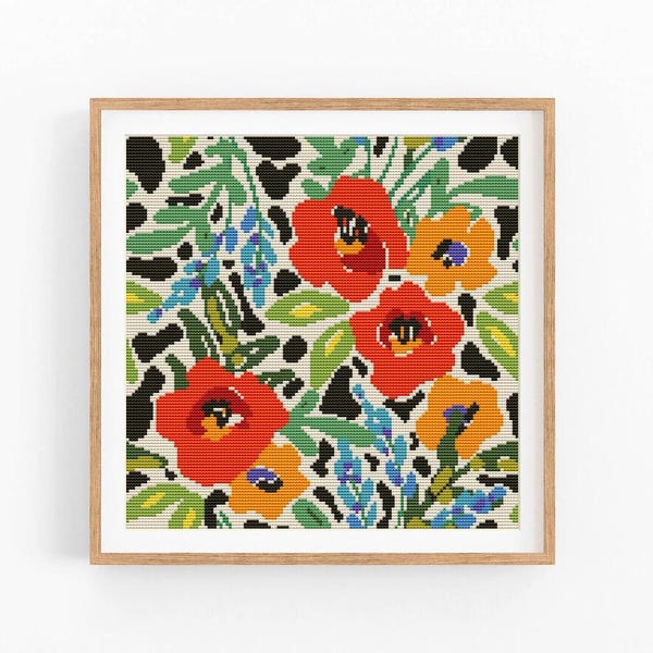 Patrón de punto de cruz abstracto floral moderno, flores modernas, patrón de punto X fácil, gráfico de punto de cruz, patrón de naturaleza, descarga instantánea en PDF