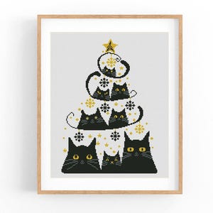 Arbre à chat de Noël brodé au point de croix. PDF point de croix. Joyeux Noël brodé à la main. Cadeau pour amoureux des chats. Grille de point de croix compté.