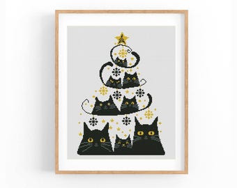 May include: Black cat cross stitch pattern featuring a Christmas tree with cats on each level. The tree is decorated with gold stars and snowflakes.