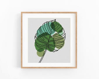 Single Monstera Leaf Cross Stitch Pattern, Color Block Botanical Chart, Modern Plant Wall Art, Beginner Friendly, Instant Download PDF