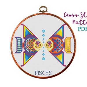 Peixes. Signo do zodíaco. Padrão moderno de ponto cruz. Gráfico de ponto cruz contado. Bordado de argola. Signo de nascimento da astrologia. Download instantâneo de PDF