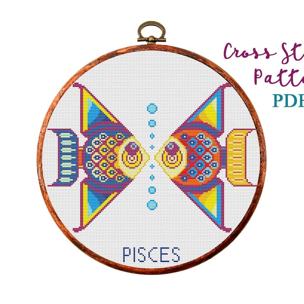 Pisces. Zodiac sign. Modern Cross Stitch Pattern. Counted cross stitch chart. Hoop embroidery. Astrology birth sign. Instant download PDF