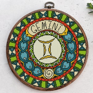 Patrón moderno de punto de cruz. Géminis. Signo del zodiaco. Gráfico de punto de cruz contado. Arte abstracto en bastidor. Astrología, signo del zodiaco. Descarga instantánea en PDF.