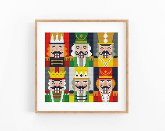 Nutcracker Soldiers Christmas Cross Stitch Pattern, Colorful Holiday Face Chart, Modern Winter Decor, Instant Download PDF