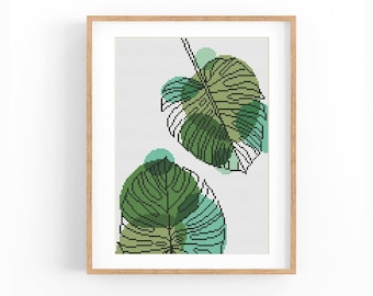 Monstera Leaf Duo Cross Stitch Pattern, Color Block Botanical Chart, Modern Jungle Wall Art, Beginner Friendly, Instant Download PDF