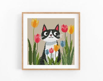 Cat Flowers Cross Stitch Pattern, Cat with Tulips, Modern x-stitch Pattern, Cross Stitch Chart, Cat Lover Gift Pattern, Instant Download PDF